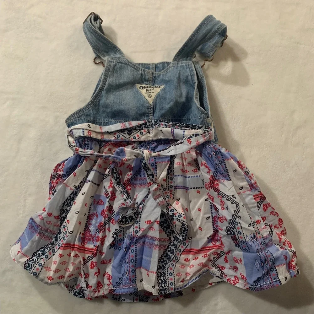 OshKosh B'gosh 18 months Baby Girls Denim Overall Dress Patchwork Blue Red White